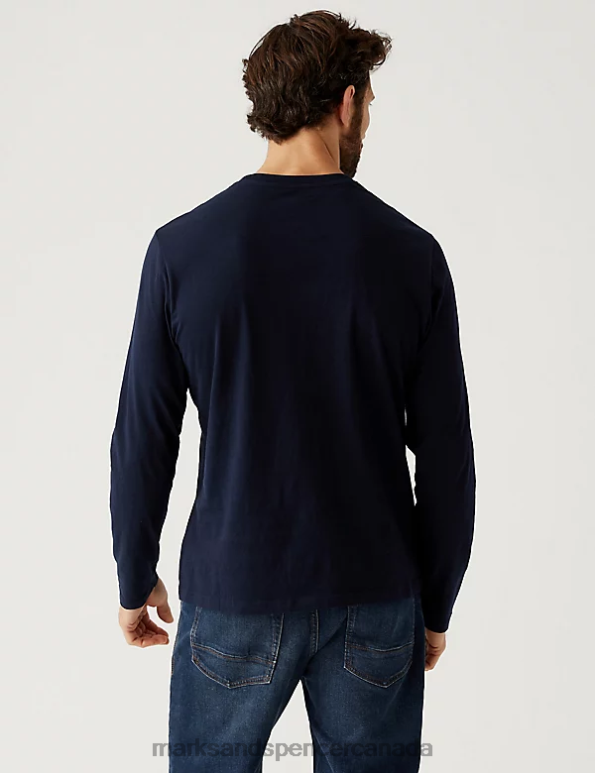 Men Navy Mix Clothing Marks & Spencer 2pk Pure Cotton Long Sleeve T-Shirts 20VTD5122 - Marks and Spencer Canada locations