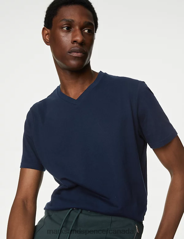 Men Navy Mix Clothing Marks & Spencer 3pk Pure Cotton V-Neck T-Shirts 20VTD4935 - Marks and Spencer online