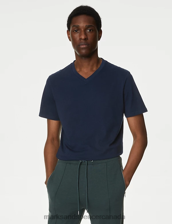 Men Navy Mix Clothing Marks & Spencer 3pk Pure Cotton V-Neck T-Shirts 20VTD4935 - Marks and Spencer online