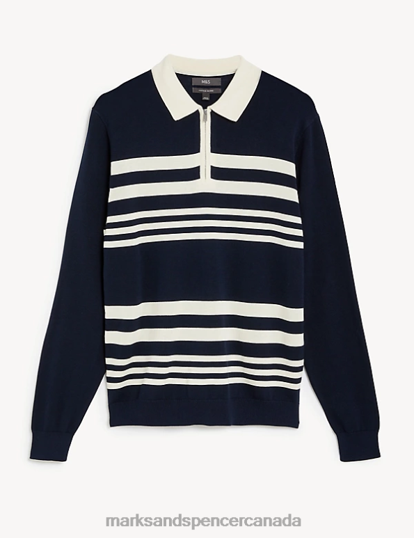 Marks and Spencer near me - Men Navy Mix Clothing Marks & Spencer Cotton Modal Striped Knitted Polo Shirt 20VTD5497