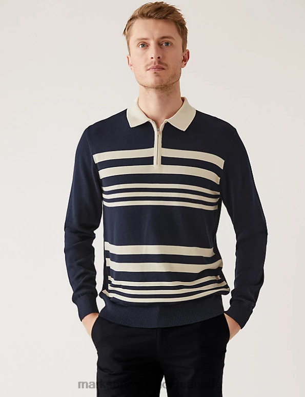 Marks and Spencer near me - Men Navy Mix Clothing Marks & Spencer Cotton Modal Striped Knitted Polo Shirt 20VTD5497