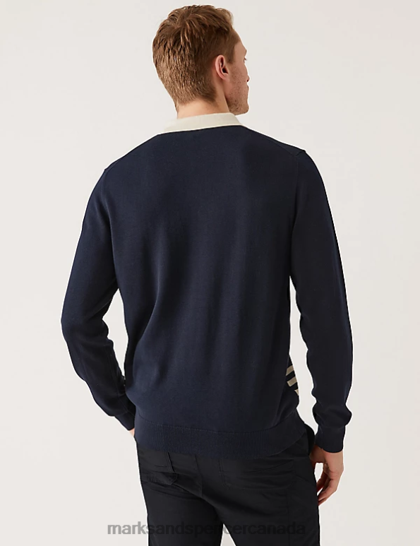 Marks and Spencer near me - Men Navy Mix Clothing Marks & Spencer Cotton Modal Striped Knitted Polo Shirt 20VTD5497