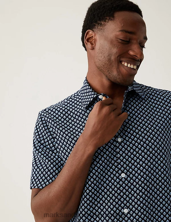 Men Navy Mix Clothing Marks & Spencer Geometric Print Shirt 20VTD6682 - Marks and Spencer online