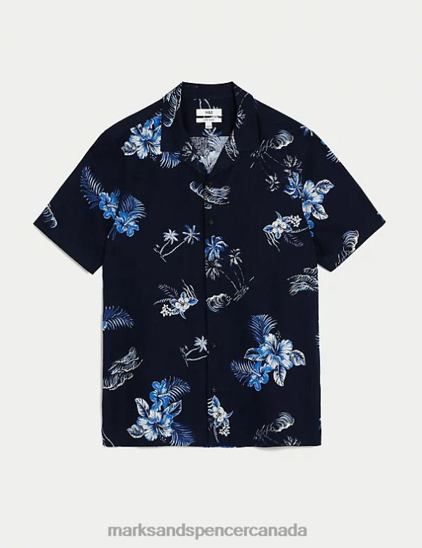 Men Navy Mix Clothing Marks & Spencer Linen Rich Hawaiian Shirt 20VTD5806 - Marks and Spencer Canada locations
