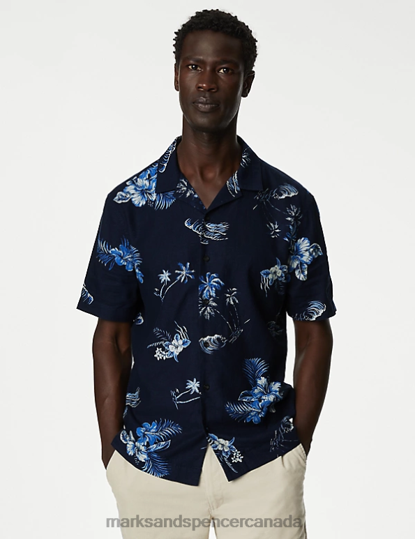 Men Navy Mix Clothing Marks & Spencer Linen Rich Hawaiian Shirt 20VTD5806 - Marks and Spencer Canada locations