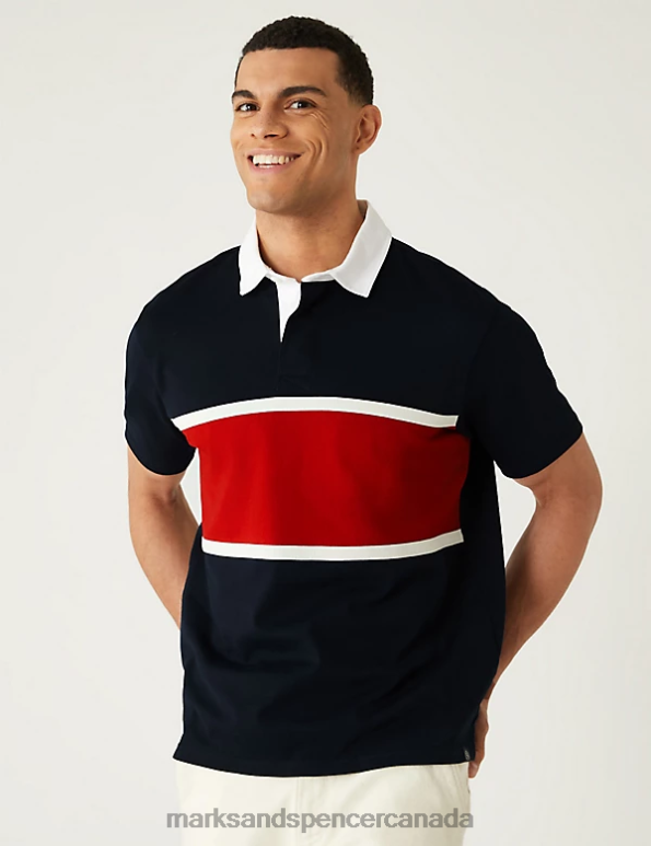 Marks and Spencer Canada - Men Navy Mix Clothing Marks & Spencer Pure Cotton Colour Block Rugby Shirt 20VTD5790