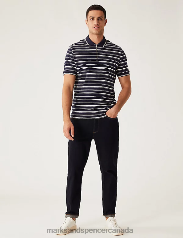 Men Navy Mix Clothing Marks & Spencer Pure Cotton Striped Half Zip Polo Shirt 20VTD5595 - Marks and Spencer online
