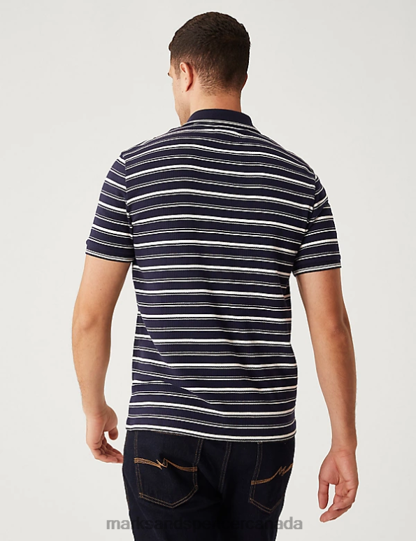 Men Navy Mix Clothing Marks & Spencer Pure Cotton Striped Half Zip Polo Shirt 20VTD5595 - Marks and Spencer online