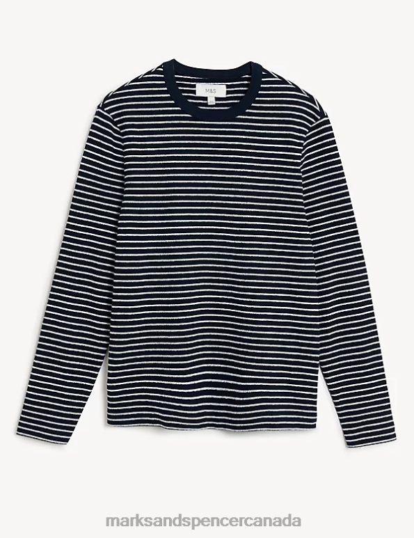 Marks and Spencer sale - Men Navy Mix Clothing Marks & Spencer Pure Cotton Striped Long Sleeve T-Shirt 20VTD4804