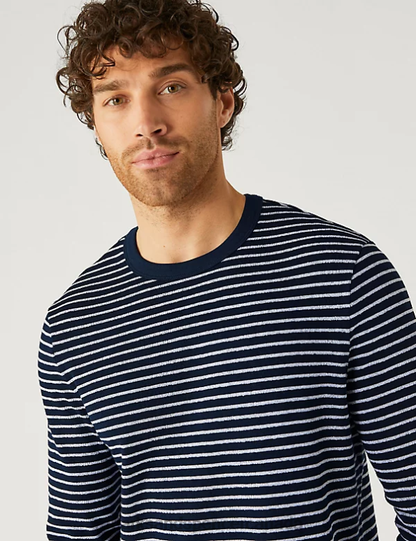 Marks and Spencer sale - Men Navy Mix Clothing Marks & Spencer Pure Cotton Striped Long Sleeve T-Shirt 20VTD4804
