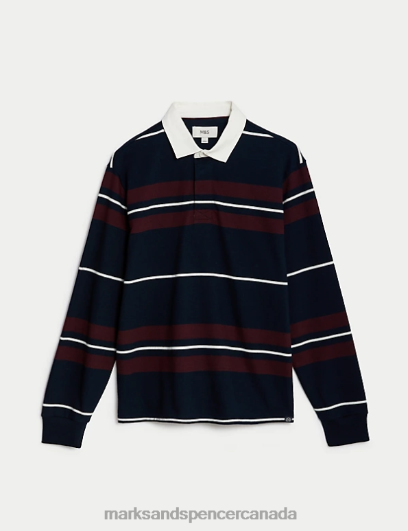 Men Navy Mix Clothing Marks & Spencer Pure Cotton Striped Rugby Shirt 20VTD5370 - Marks and Spencer online