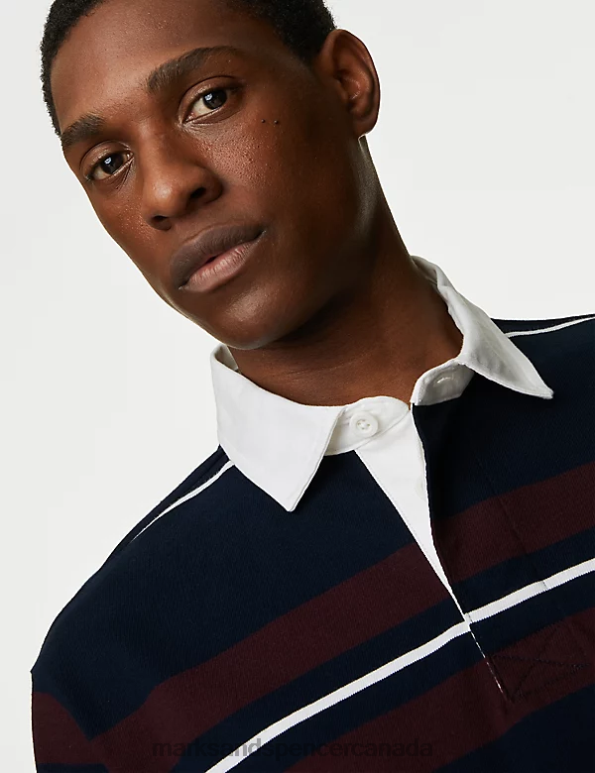 Men Navy Mix Clothing Marks & Spencer Pure Cotton Striped Rugby Shirt 20VTD5370 - Marks and Spencer online