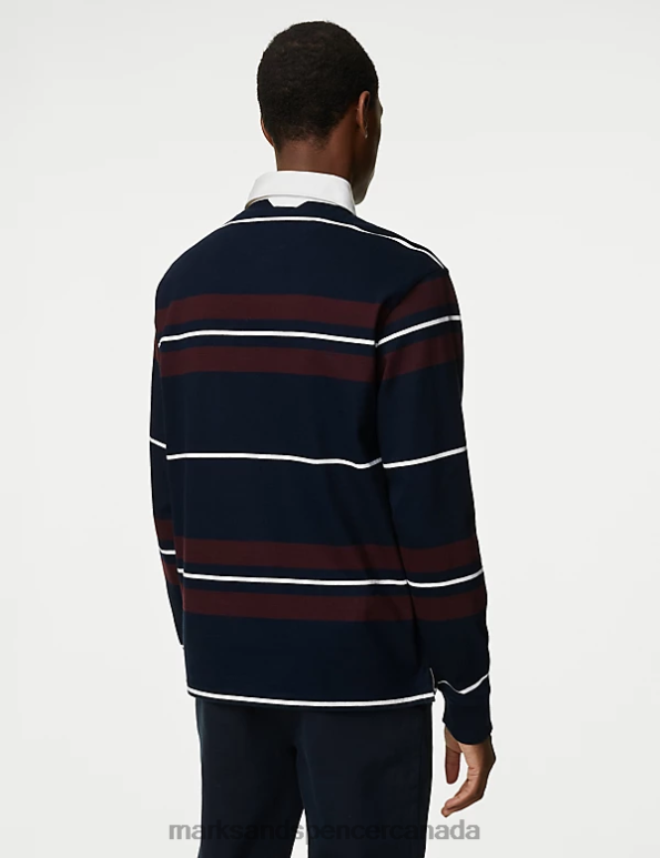 Men Navy Mix Clothing Marks & Spencer Pure Cotton Striped Rugby Shirt 20VTD5370 - Marks and Spencer online