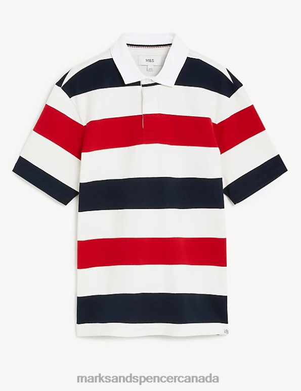 Men Navy Mix Clothing Marks & Spencer Pure Cotton Striped Rugby Shirt 20VTD6170 - Marks and Spencer outlet