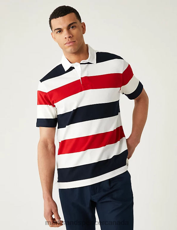 Men Navy Mix Clothing Marks & Spencer Pure Cotton Striped Rugby Shirt 20VTD6170 - Marks and Spencer outlet