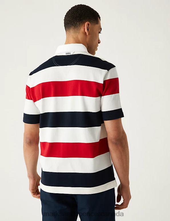 Men Navy Mix Clothing Marks & Spencer Pure Cotton Striped Rugby Shirt 20VTD6170 - Marks and Spencer outlet