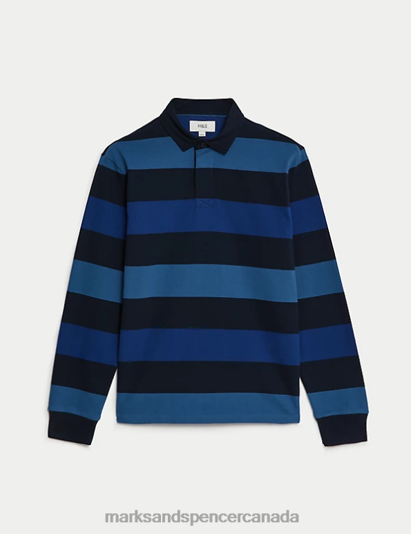 Marks and Spencer near me - Men Navy Mix Clothing Marks & Spencer Pure Cotton Striped Rugby Shirt 20VTD6499