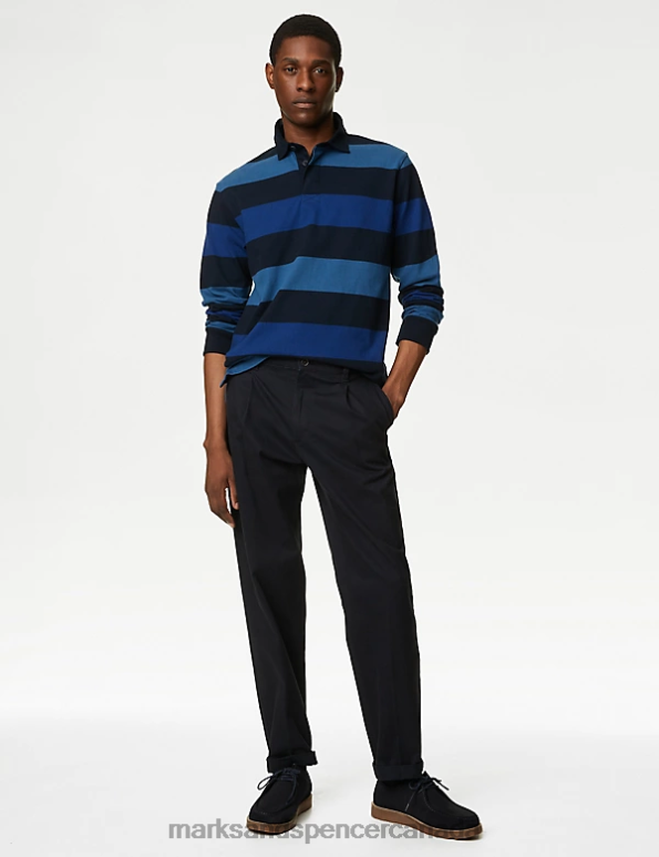 Marks and Spencer near me - Men Navy Mix Clothing Marks & Spencer Pure Cotton Striped Rugby Shirt 20VTD6499