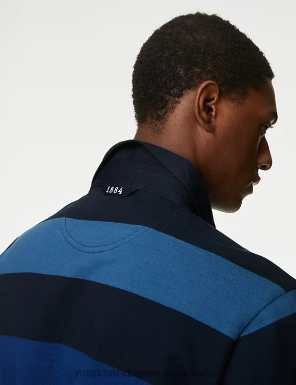 Marks and Spencer near me - Men Navy Mix Clothing Marks & Spencer Pure Cotton Striped Rugby Shirt 20VTD6499