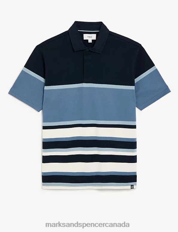 Men Navy Mix Clothing Marks & Spencer Pure Cotton Striped Rugby Shirt 20VTD6767 - Marks and Spencer online