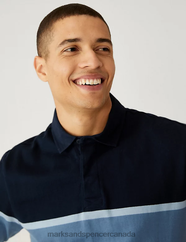 Men Navy Mix Clothing Marks & Spencer Pure Cotton Striped Rugby Shirt 20VTD6767 - Marks and Spencer online