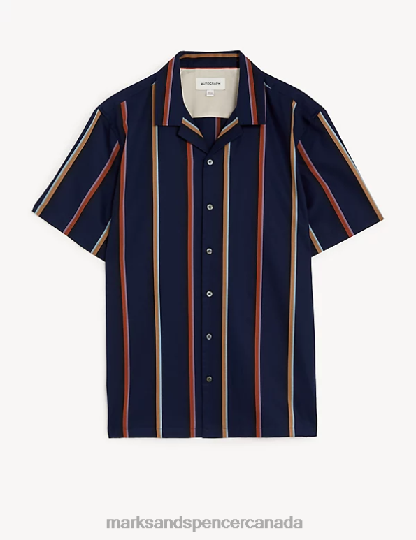 Men Navy Mix Clothing Marks & Spencer Pure Cotton Striped Shirt 20VTD5263 - Marks and Spencer Canada locations