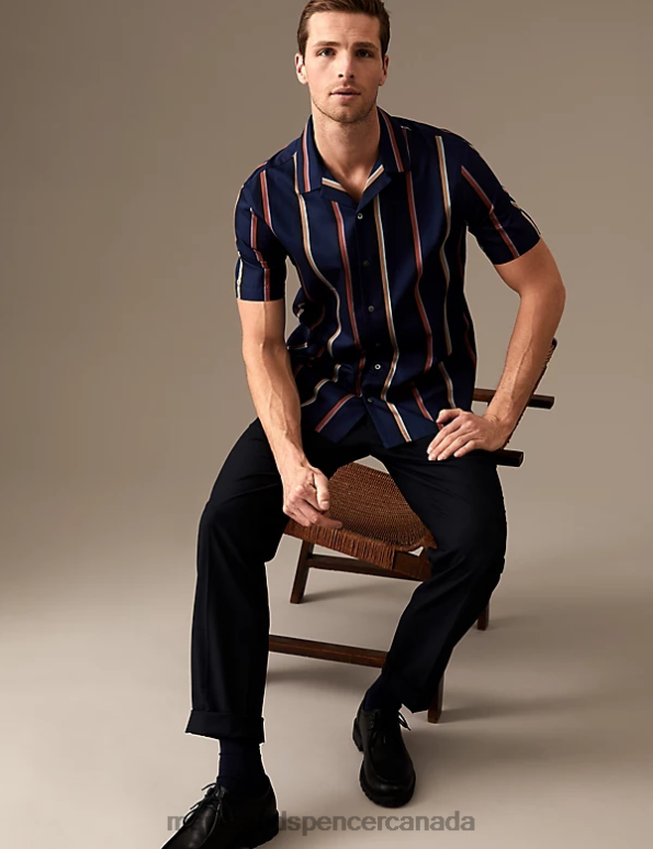Men Navy Mix Clothing Marks & Spencer Pure Cotton Striped Shirt 20VTD5263 - Marks and Spencer Canada locations
