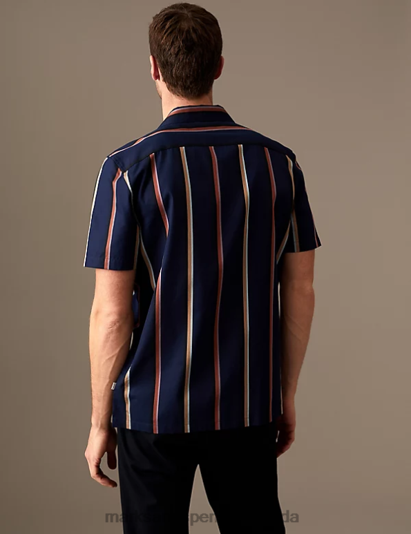 Men Navy Mix Clothing Marks & Spencer Pure Cotton Striped Shirt 20VTD5263 - Marks and Spencer Canada locations