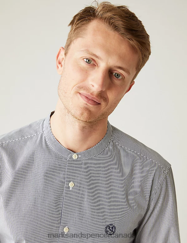 Men Navy Mix Clothing Marks & Spencer Pure Supima Cotton Grandad Collar Shirt 20VTD5279 - Marks and Spencer outlet