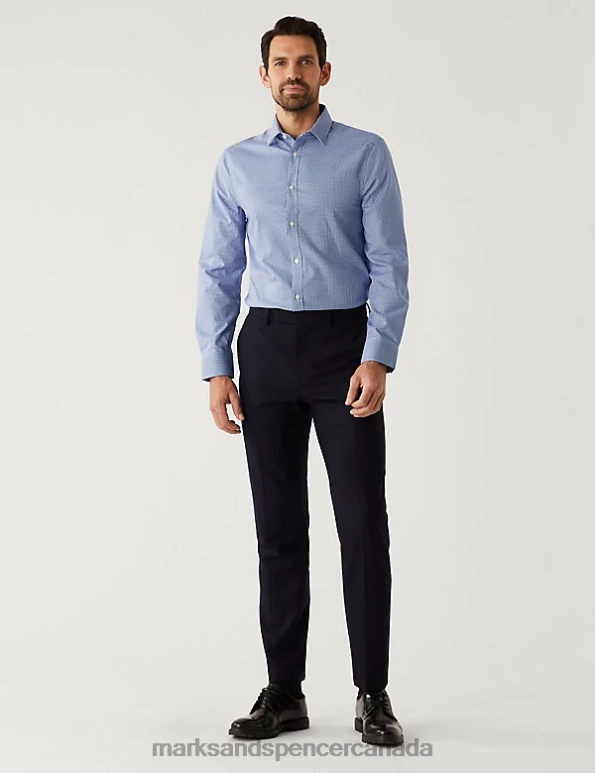 Men Navy Mix Clothing Marks & Spencer Slim Fit Non Iron Pure Cotton Shirt 20VTD6276 - Marks and Spencer Canada locations