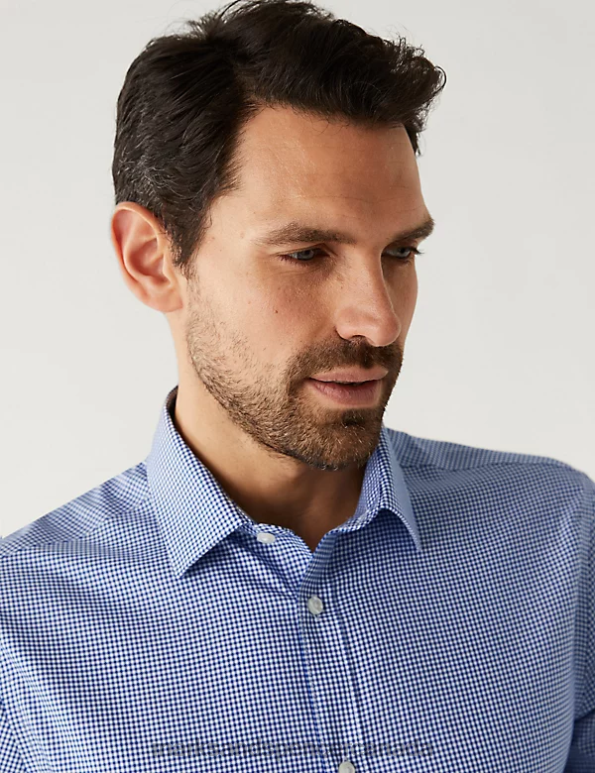 Men Navy Mix Clothing Marks & Spencer Slim Fit Non Iron Pure Cotton Shirt 20VTD6276 - Marks and Spencer Canada locations