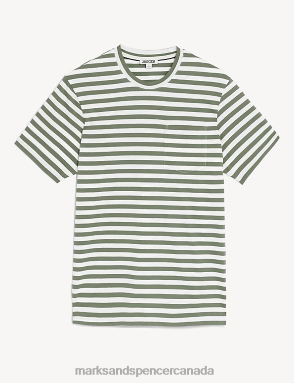 Marks and Spencer sale - Men Olive Clothing Marks & Spencer Pure Cotton Striped Crew Neck T-Shirt 20VTD6664
