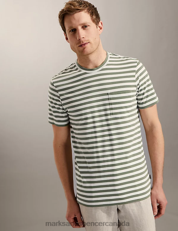 Marks and Spencer sale - Men Olive Clothing Marks & Spencer Pure Cotton Striped Crew Neck T-Shirt 20VTD6664