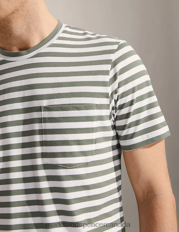 Marks and Spencer sale - Men Olive Clothing Marks & Spencer Pure Cotton Striped Crew Neck T-Shirt 20VTD6664