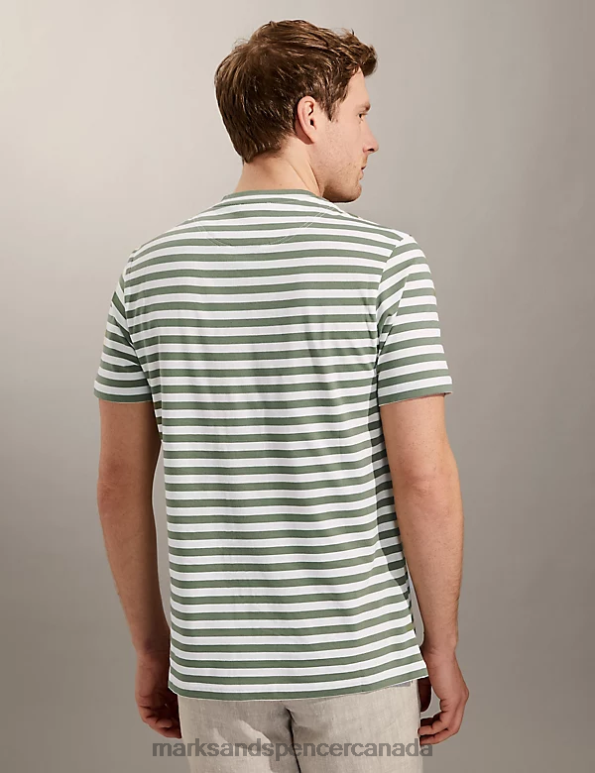 Marks and Spencer sale - Men Olive Clothing Marks & Spencer Pure Cotton Striped Crew Neck T-Shirt 20VTD6664