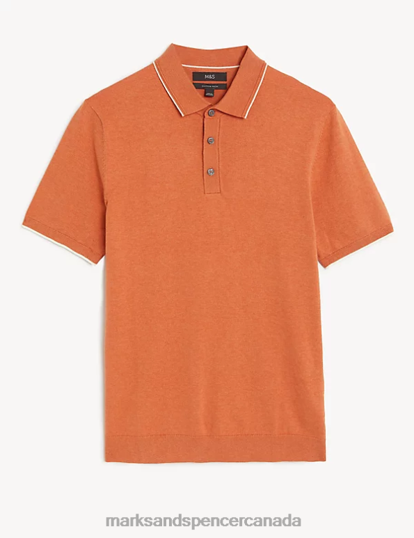 Men Orange Clothing Marks & Spencer Cotton Rich Short Sleeve Knitted Polo Shirt 20VTD6364 - Marks and Spencer outlet