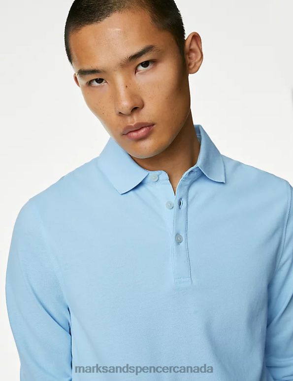 Marks and Spencer near me - Men Pale Blue Clothing Marks & Spencer Pure Cotton Long Sleeve Polo Shirt 20VTD7376