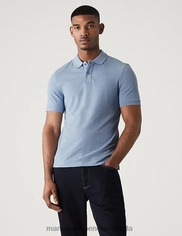 Men Pale Blue Clothing Marks & Spencer Slim Fit Pure Cotton Pique Polo Shirt 20VTD6759 - Marks and Spencer online