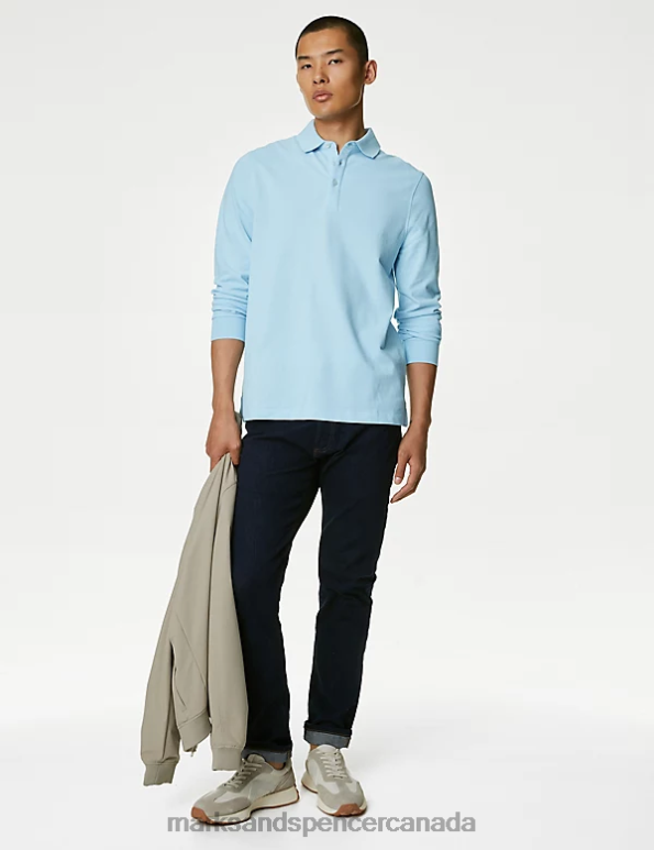 Marks and Spencer near me - Men Pale Blue Mix Clothing Marks & Spencer 2pk Pure Cotton Long Sleeve Polo Shirts 20VTD5082
