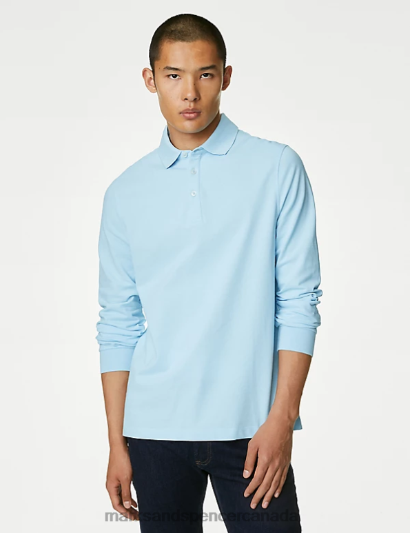 Marks and Spencer near me - Men Pale Blue Mix Clothing Marks & Spencer 2pk Pure Cotton Long Sleeve Polo Shirts 20VTD5082