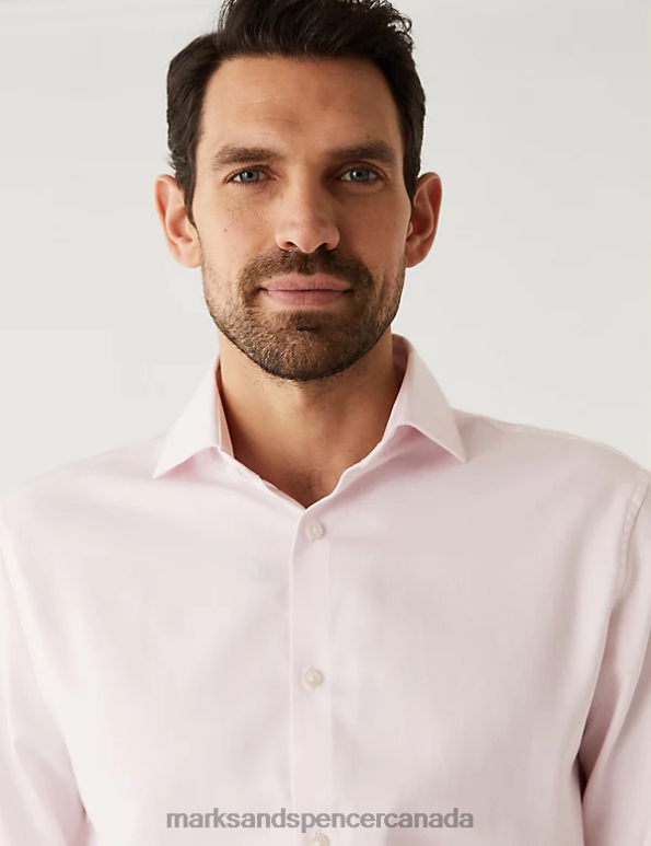Men Pale Pink Clothing Marks & Spencer Regular Fit Pure Cotton Herringbone Shirt 20VTD6728 - Marks and Spencer Canada locations