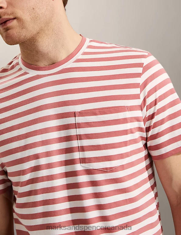 Marks and Spencer sale - Men Pink Clothing Marks & Spencer Pure Cotton Striped Crew Neck T-Shirt 20VTD7030
