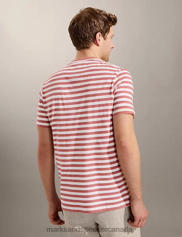 Marks and Spencer sale - Men Pink Clothing Marks & Spencer Pure Cotton Striped Crew Neck T-Shirt 20VTD7030