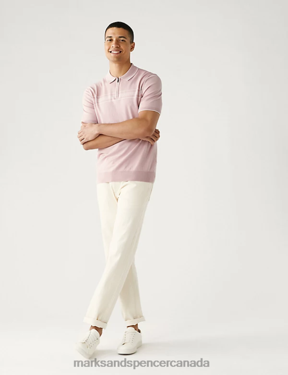 Men Pink Mix Clothing Marks & Spencer Cotton Modal Chest Stripe Knitted Polo Shirt 20VTD6666 - Marks and Spencer Canada locations