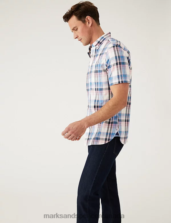 Men Pink Mix Clothing Marks & Spencer Pure Cotton Check Shirt 20VTD6872 - Marks and Spencer online