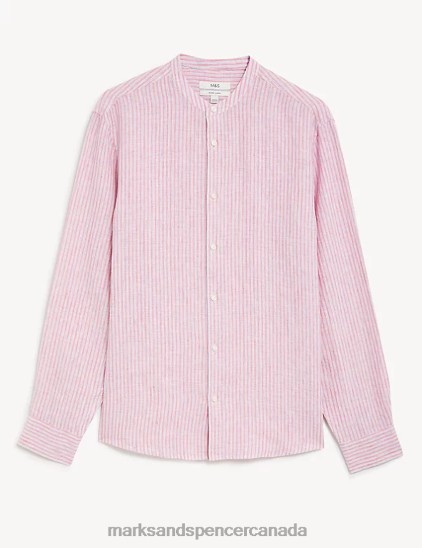 Men Pink Mix Clothing Marks & Spencer Pure Linen Striped Grandad Collar Shirt 20VTD5834 - Marks and Spencer outlet