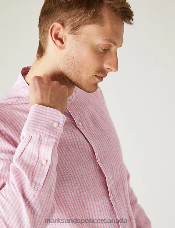 Men Pink Mix Clothing Marks & Spencer Pure Linen Striped Grandad Collar Shirt 20VTD5834 - Marks and Spencer outlet
