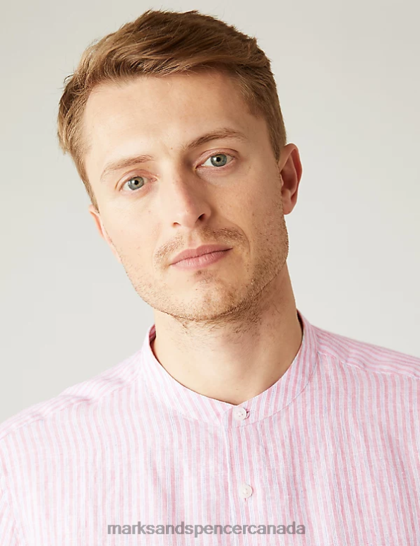 Men Pink Mix Clothing Marks & Spencer Pure Linen Striped Grandad Collar Shirt 20VTD5834 - Marks and Spencer outlet