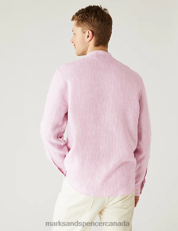 Men Pink Mix Clothing Marks & Spencer Pure Linen Striped Grandad Collar Shirt 20VTD5834 - Marks and Spencer outlet