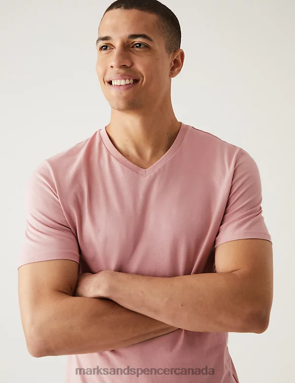 Men Pink Shell Clothing Marks & Spencer Pure Cotton V-Neck T-Shirt 20VTD5207 - Marks and Spencer online